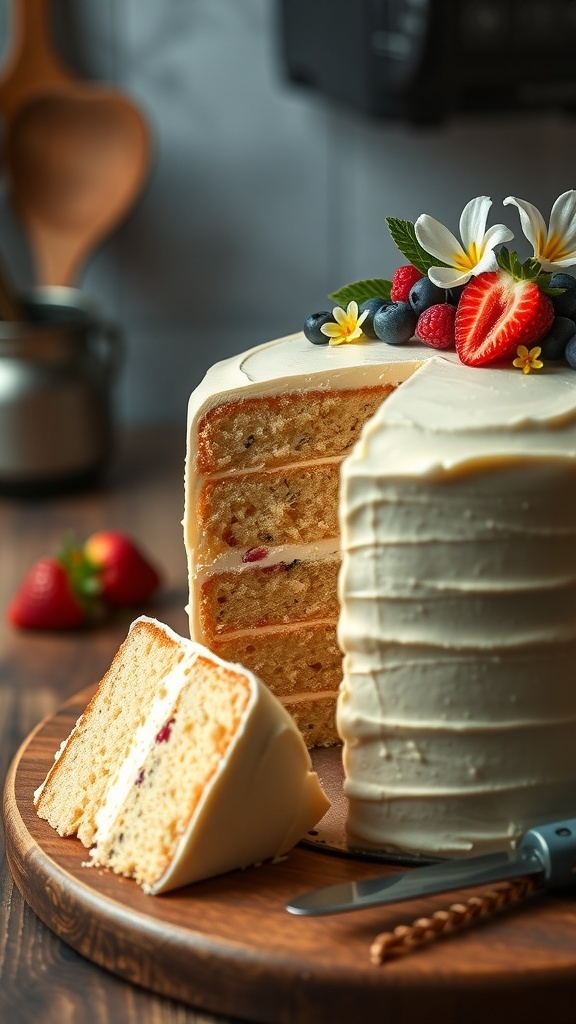 Classic Butter Vanilla Cake Recipe A classic butter vanilla cake with buttercream frosting and fresh berries on a rustic table.